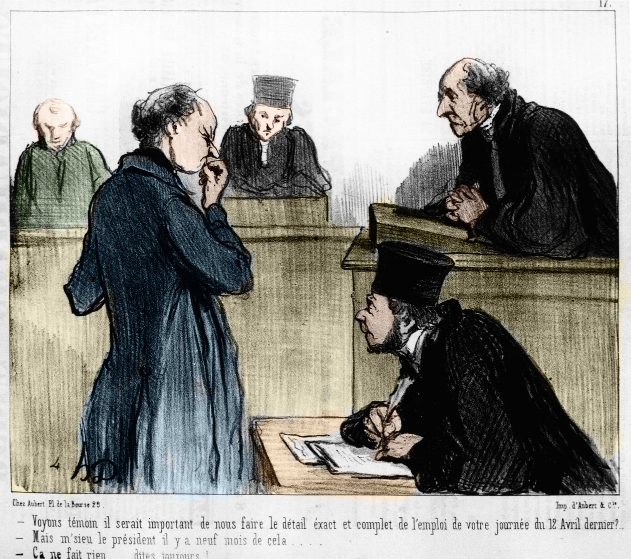 Daumier rajzfilmje: Serie „Les Gens de Justice”” megjelent a „Charivari”-ban, 1846.03.04. Tanú meghallgatása. alkotó: Honoré Daumier