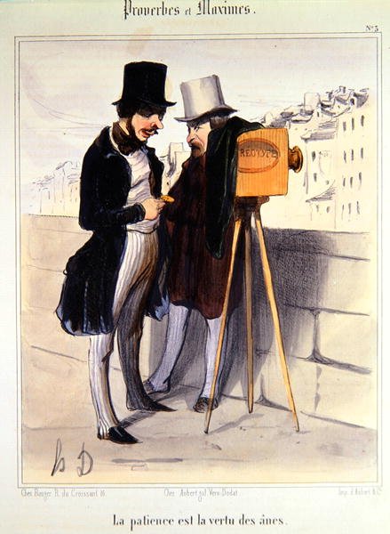 Rajzfilm, amely kigúnyolja a dagerrotípia fénykép elkészítéséhez szükséges időt, 1840 körül (színes litó) alkotó: Honoré Daumier