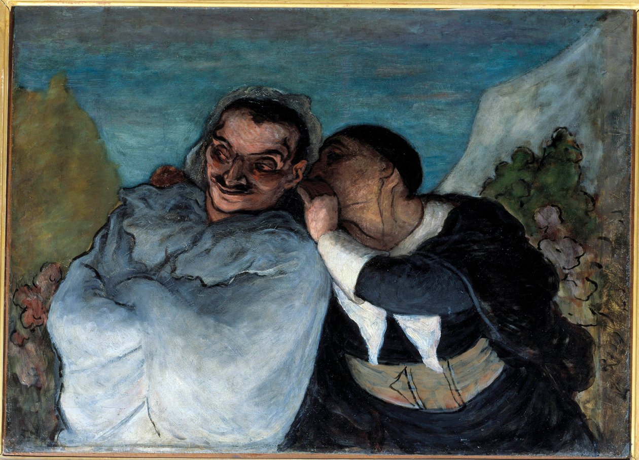 Crispin és Scapin azt is mondja, hogy Scapin és Silvestre. Moliere „Les fourberies de Scapin” című drámájának két szereplője a fülükben bízik. Honore Daumier (1808-1879) festménye. 1864 V. 0,60 x 0,82 m Paris Musee d