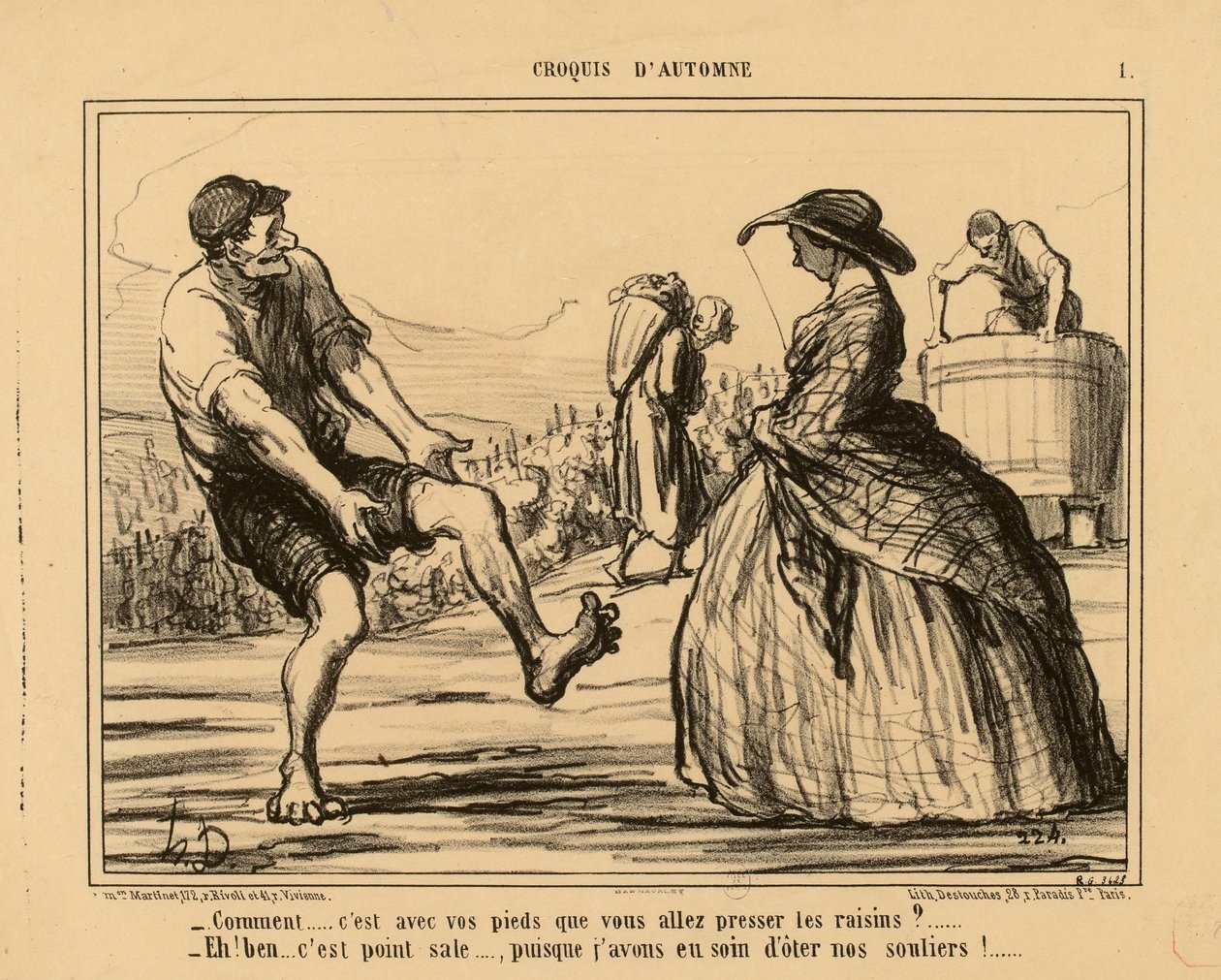 Őszi vázlatok, 1. szám: - Hogyan... a lábával fogja préselni a szőlőt?... alkotó: Honoré Daumier