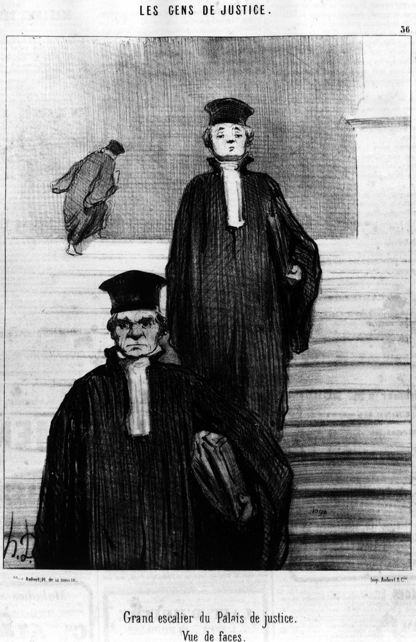 Az Igazságügyi Palota nagy lépcsőháza, Arckép, a Gens de Justice, Honore Daumier (1808-1879) igazságszolgáltatásról szóló rajzfilmsorozatából. "Macskazene" alkotó: Honoré Daumier