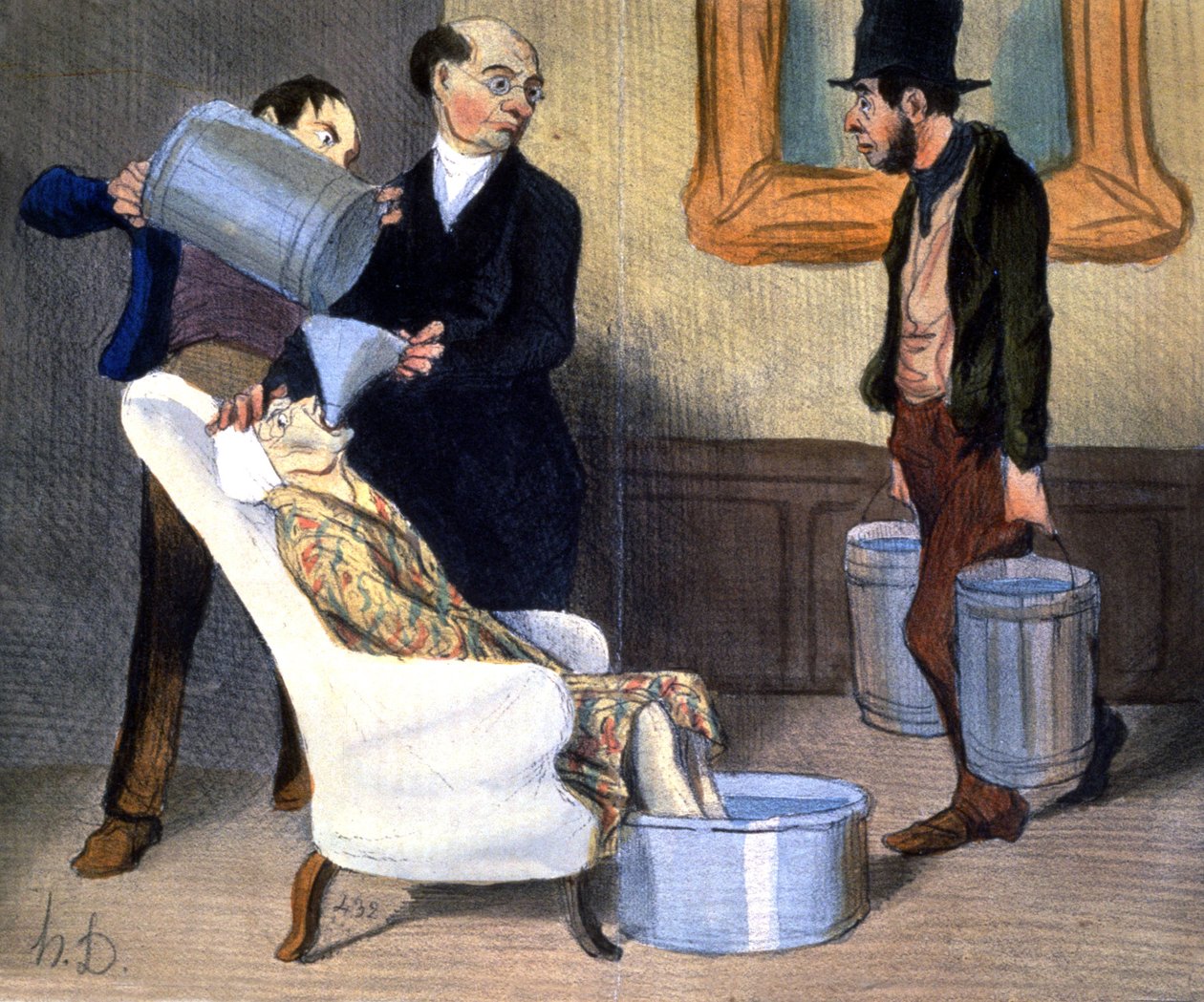 Hidroterápia, gyógyulás vízfelszívással, 1850 körül (illusztráció) alkotó: Honoré Daumier