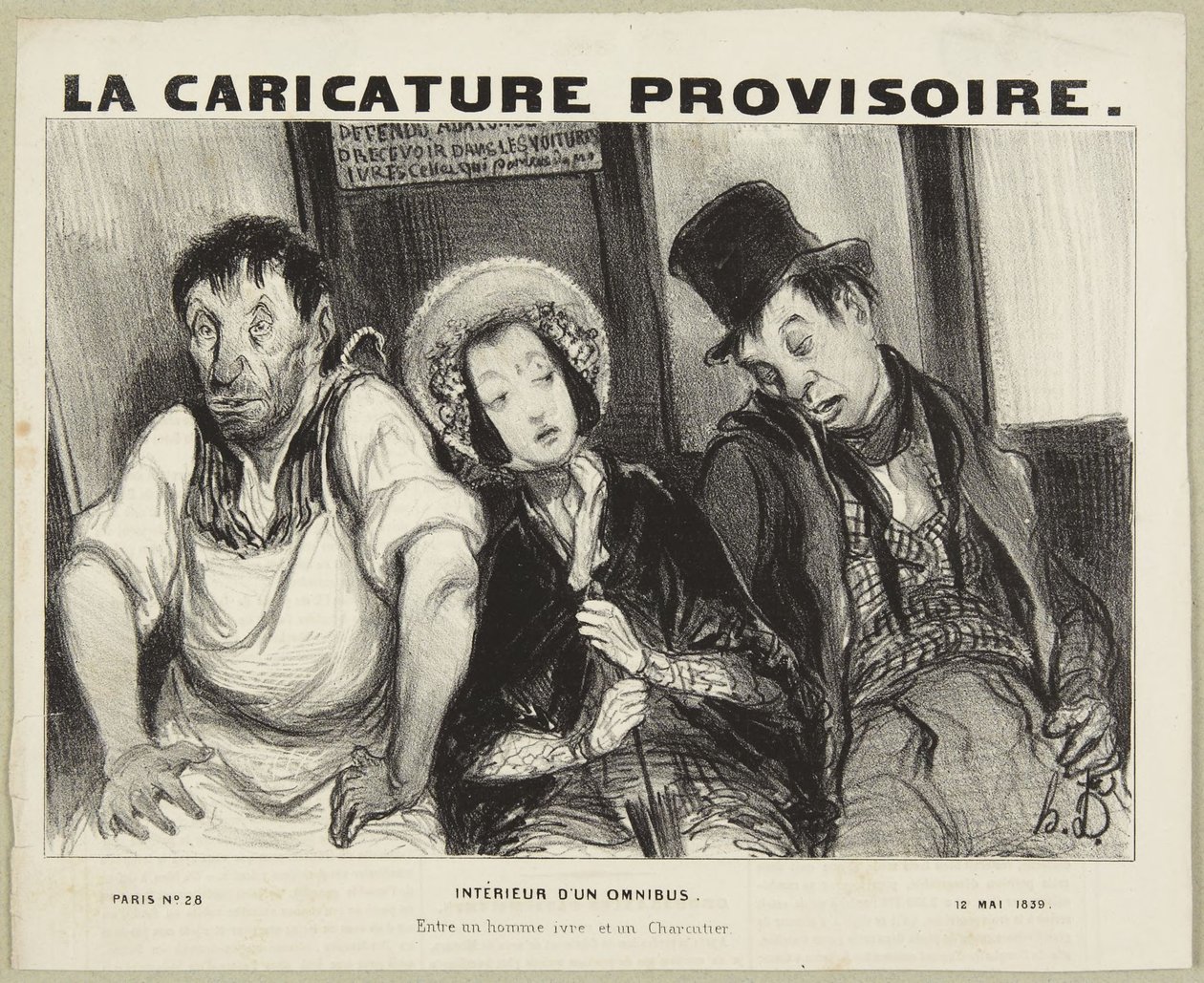 Egy omnibusz belseje, a La Caricature Provisoire „Párizsi típusok” című sorozatából alkotó: Honoré Daumier