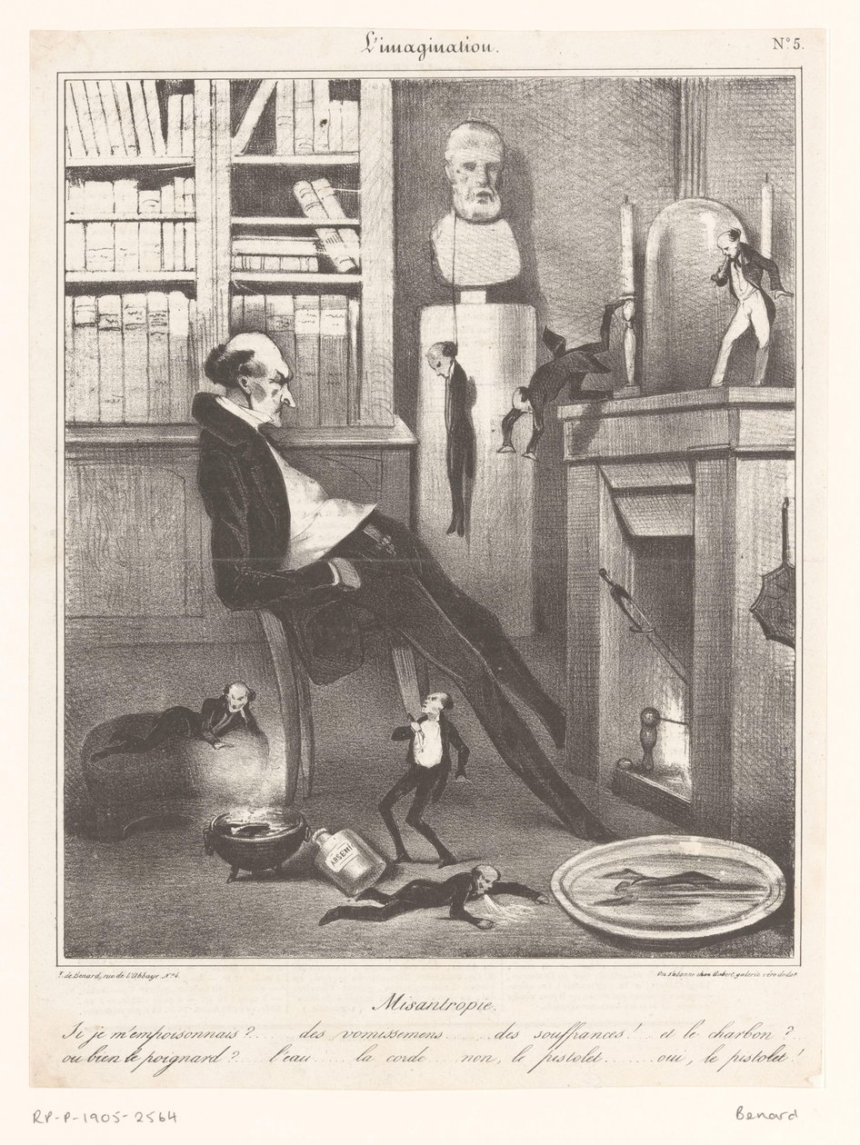 Karikatúra egy embergyűlölőről, aki azon töpreng, hogyan követ el öngyilkosságot alkotó: Honoré Daumier
