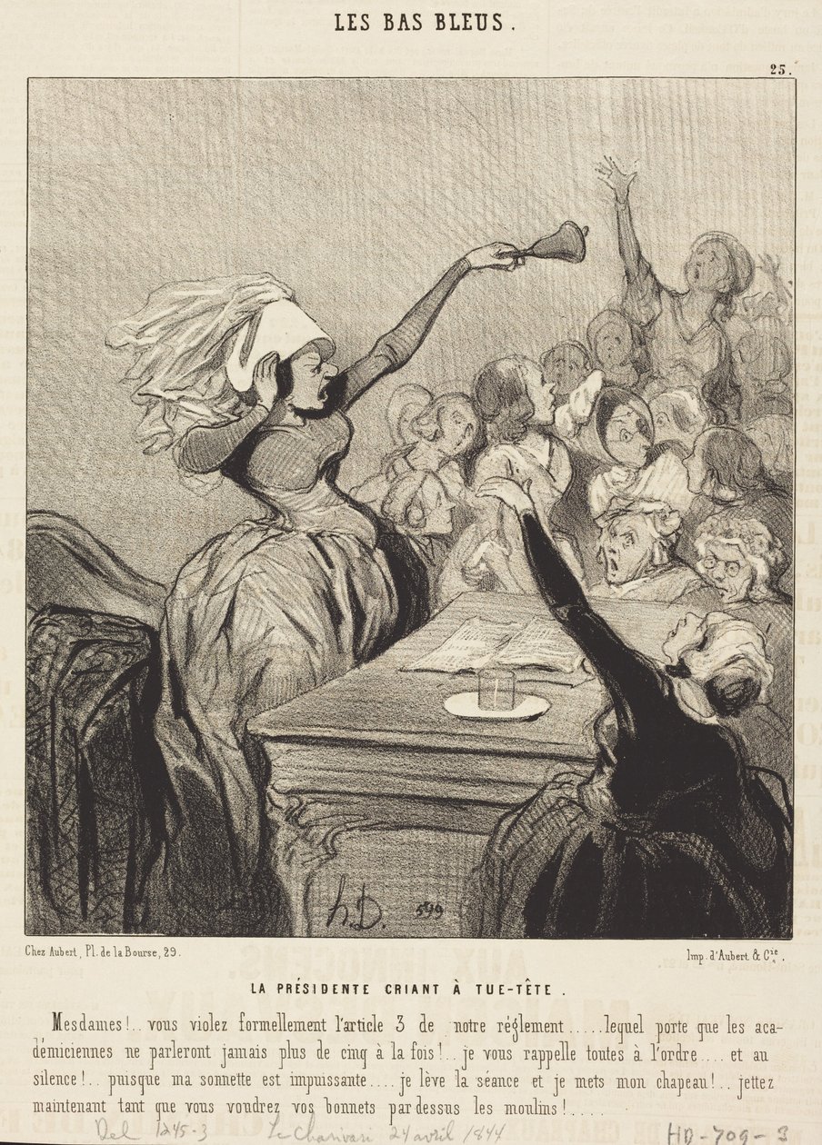 Az elnöknő torkaszakadtából kiáltja: „Hölgyeim!...” alkotó: Honoré Daumier