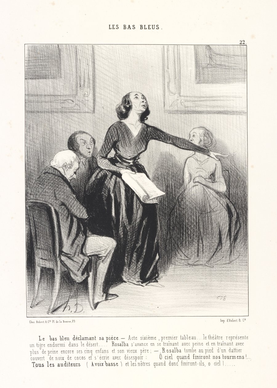 A kékszoknya elmondja színdarabját, 22. tábla A kékszoknyák című sorozatból, a Le Charivari folyóiratból alkotó: Honoré Daumier