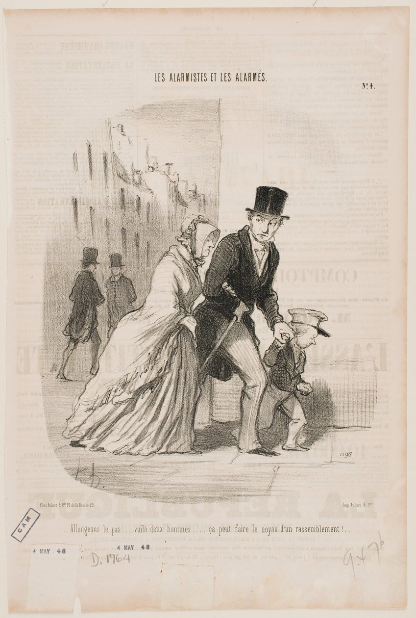 Gyorsan menjünk, ott hátul két férfi van… lehet, hogy ez egy új, jogellenes gyülekezés kezdete. alkotó: Honoré Daumier