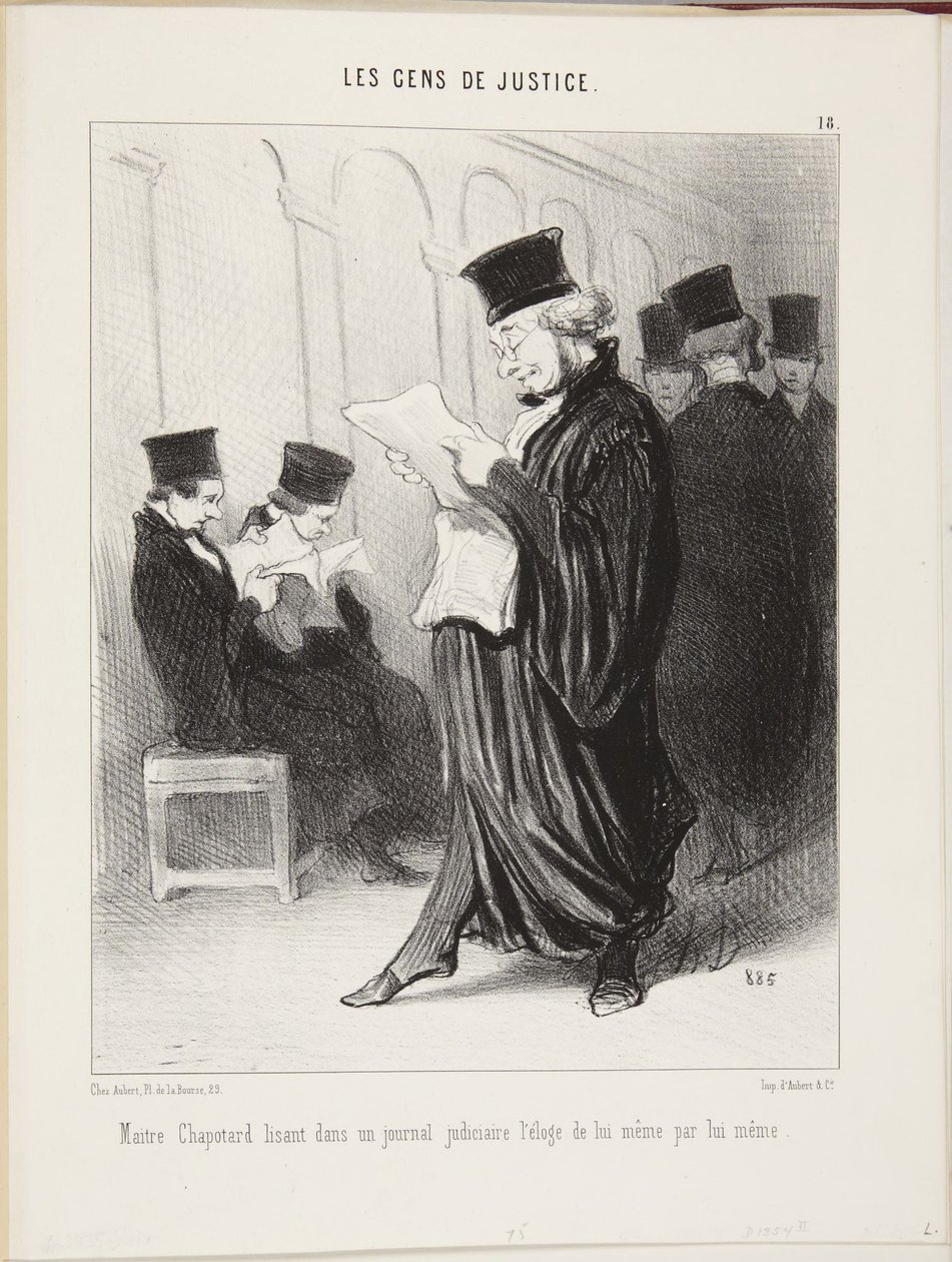 Chapotard mester egy bírósági újságban önmaga önmaga által írt dicséretét olvassa alkotó: Honoré Daumier