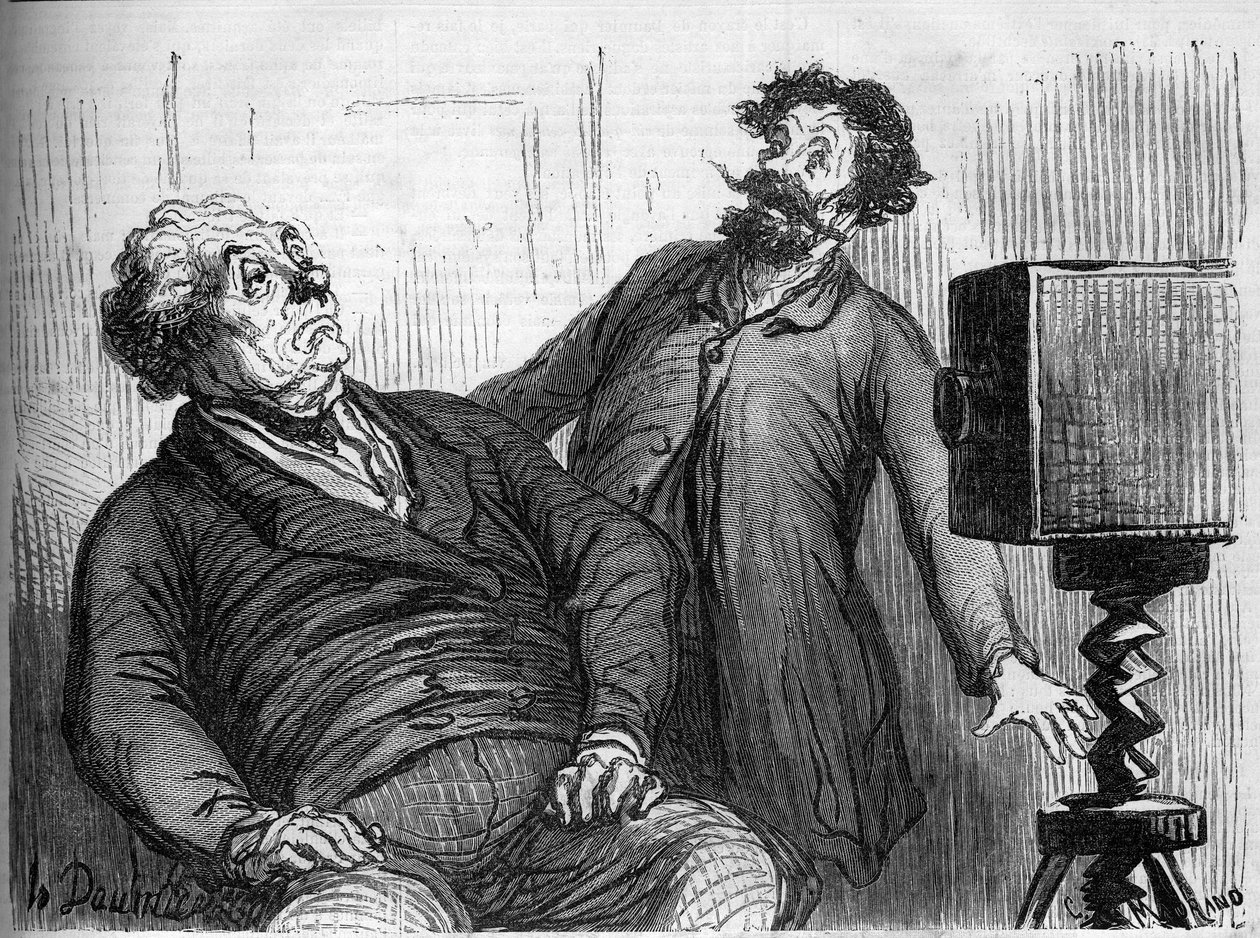 Fotósok és fényképek. Honore Daumier (1808-1879) rajzfilmje. Metszet a „” Le Monde Illustré”” 259. számban, 1862. március 29. alkotó: Honoré Daumier