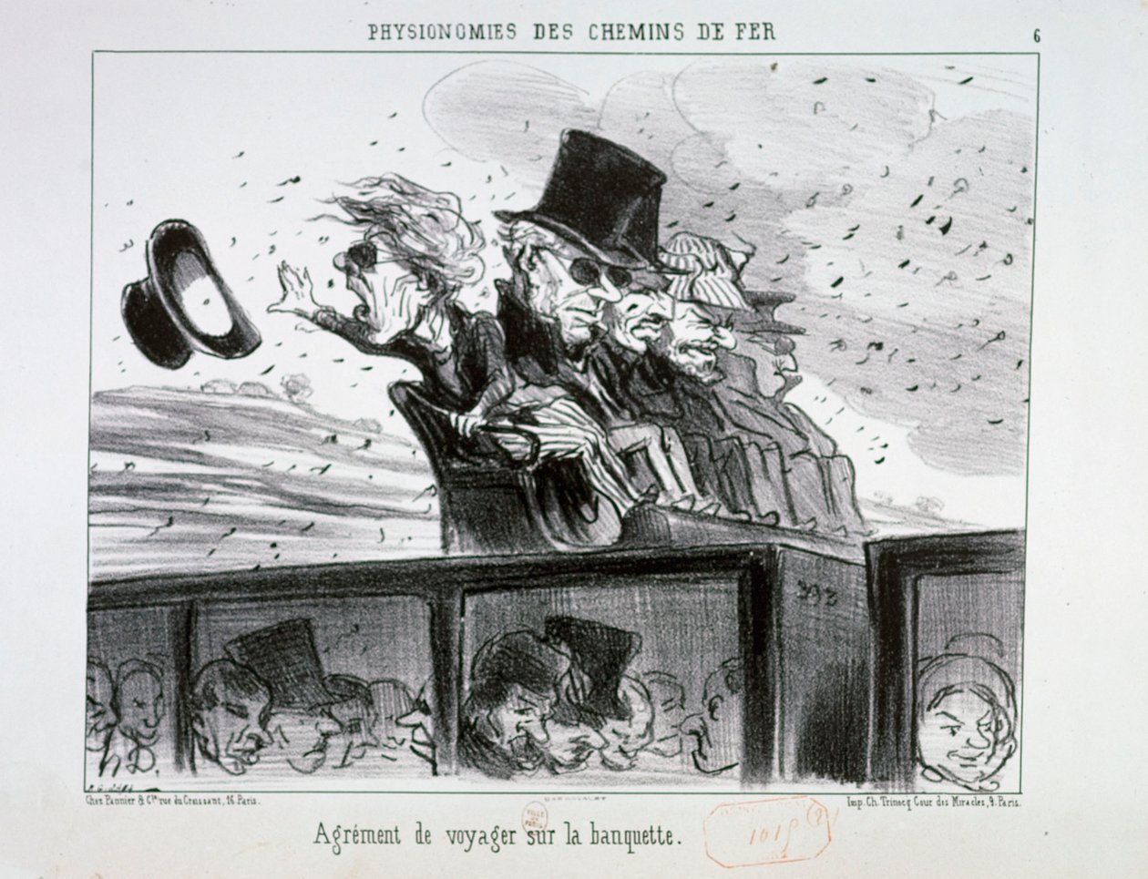 A vasút arcképei 6. szám: Az utazás élvezete a padon. alkotó: Honoré Daumier