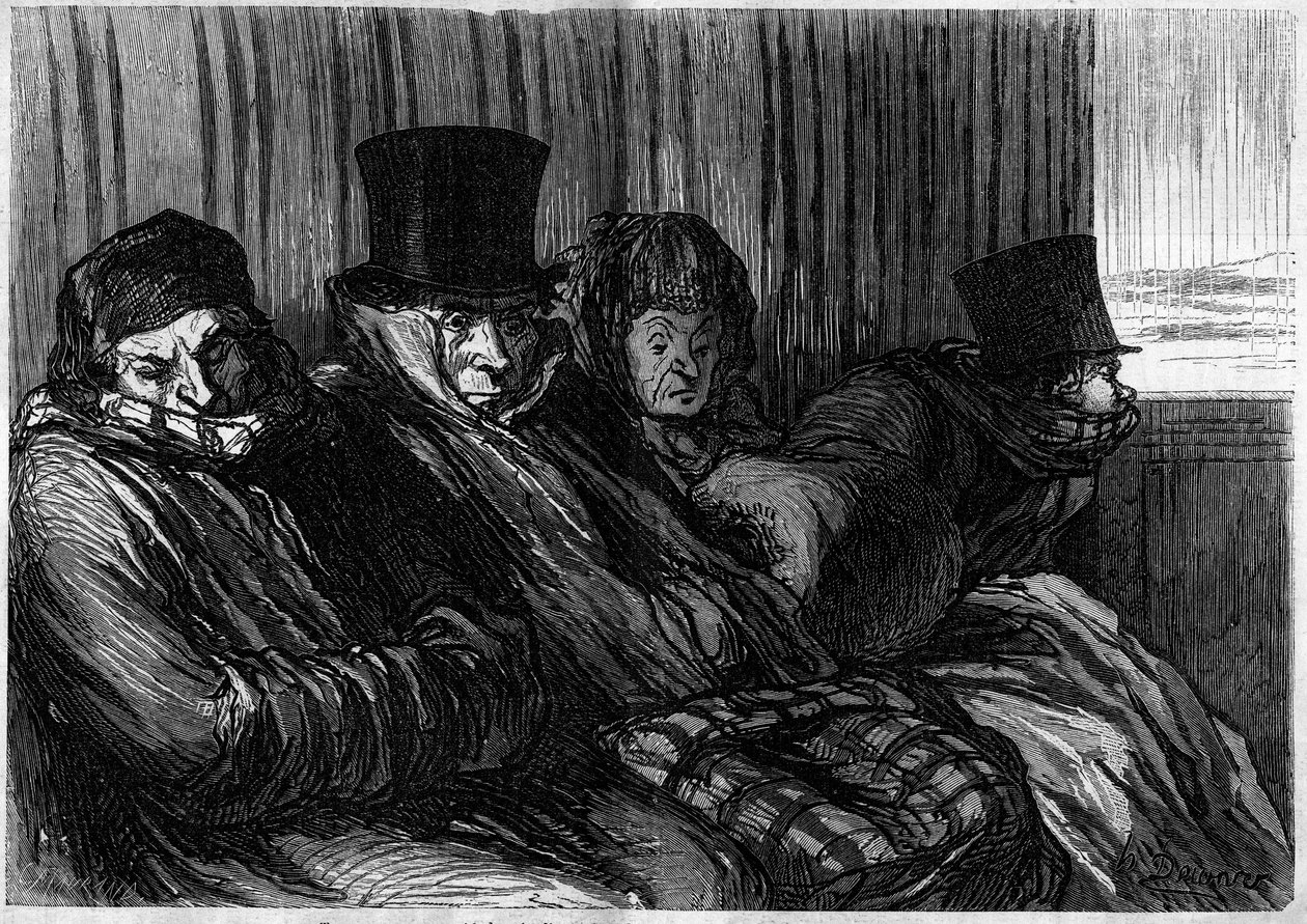 Örömvonatok: 10 fokos unalom és rossz hangulat. Honore Daumier (1808-1879) rajzfilmje. Metszet a „” Le Monde Illustré”” 249. számában, január 18 alkotó: Honoré Daumier