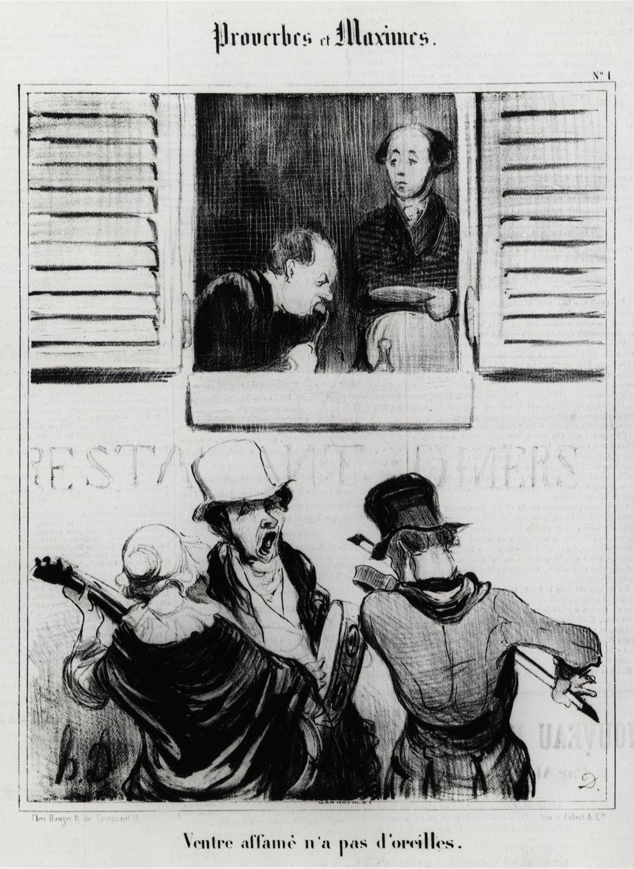 Közmondások és mondák: az éhes hasnak nincs füle. Illusztráció: Honore Daumier (1808-1879). Karikatúra 19. század, Musee Carnavalet, Párizs. alkotó: Honoré Daumier