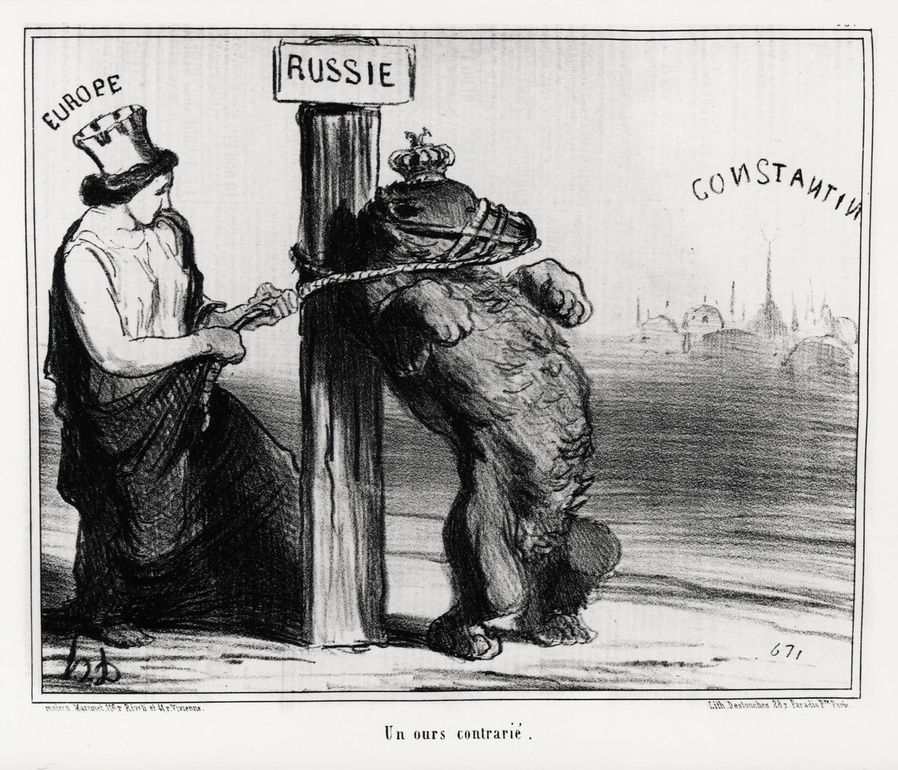 Oroszország: feldúlt medve (Európa). 1854 márciusában Franciaország és Anglia szövetséget kötött Törökországgal Oroszország ellen. Illusztráció: Honore Daumier (1808-1879), amely a „Charivari” című újságban jelent meg. alkotó: Honoré Daumier