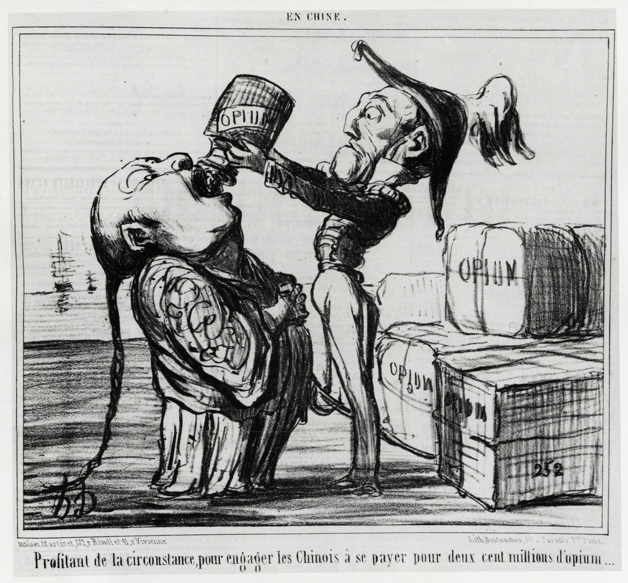Második ópiumháború (1856-1860): 1858-ban a kínai kormány beleegyezett az ópiumkereskedelem legalizálásába. „Kihasználva azt a körülményt, hogy a kínaiakat kétszázmillió ópium fizetésére kötelezzék””, az En Chine sorozatban, Honore Daumier illusztrációja ( alkotó: Honoré Daumier