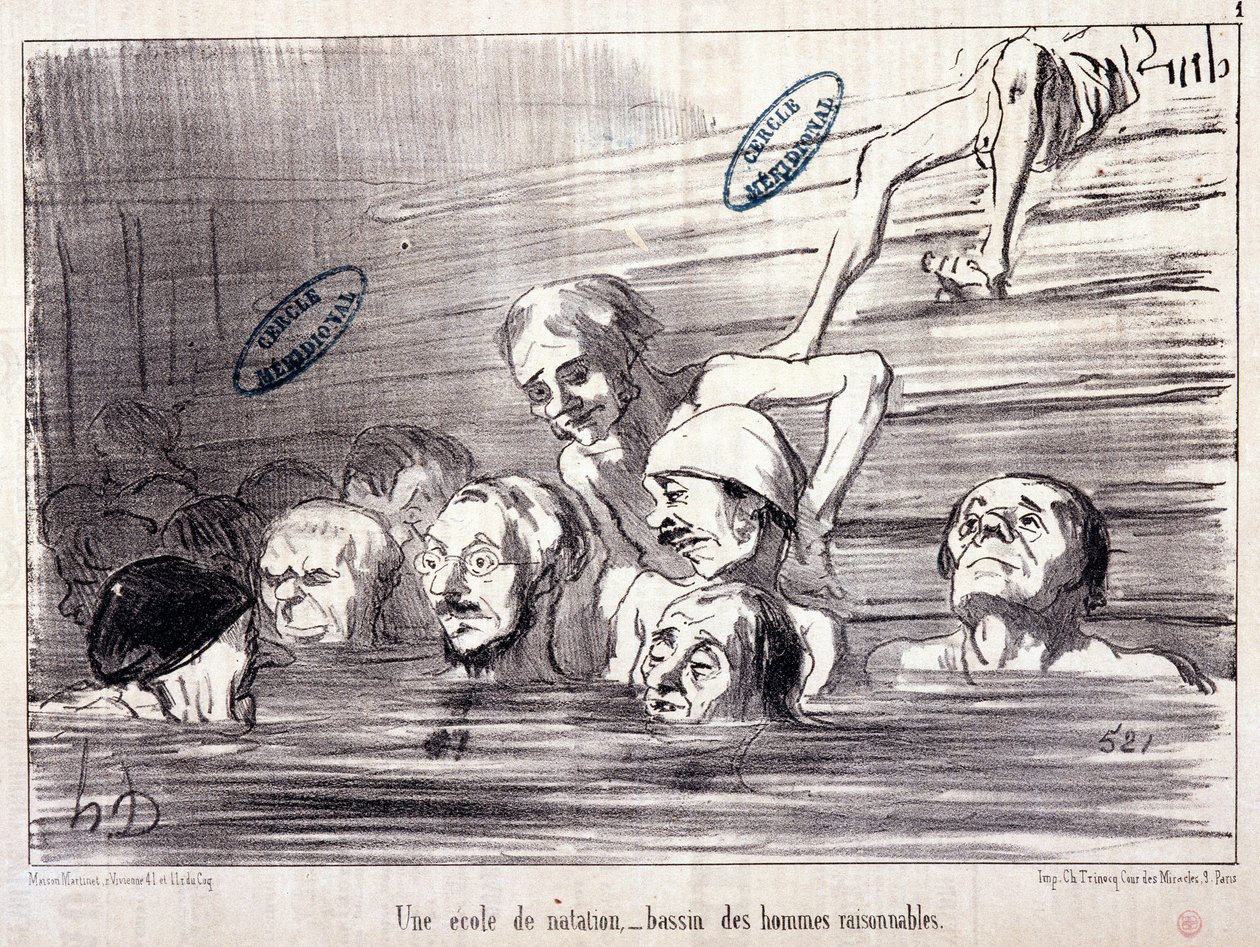 "Les Bains de Mer" sorozat: "Vízi vázlat. Úszóiskola, értelmes emberek medencéje." Honore DAUMIER (1808-1879) metszete. Kivonat a "Le Charivari" című újságból. alkotó: Honoré Daumier