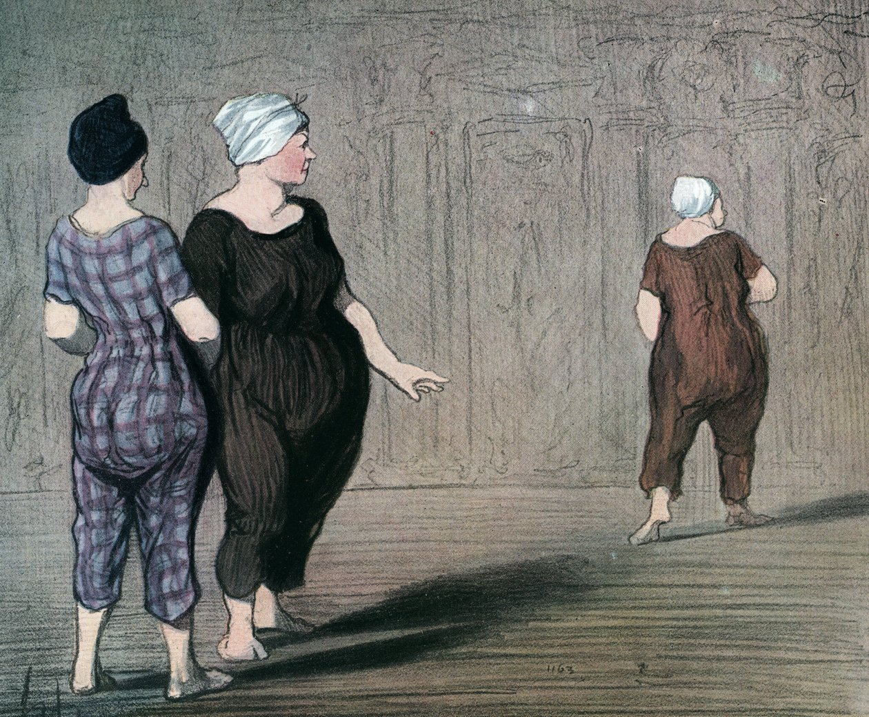 A „Les batheuses” című sorozat két fürdőruhás nő egy másik szabását vizsgálja, Honore Daumier (1808-1879) karikatúrája 1844 (A fürdőzők: két úszóruhát viselő hölgy, fel-le néz a másik derekán) Magánszemély Gyűjtemény alkotó: Honoré Daumier