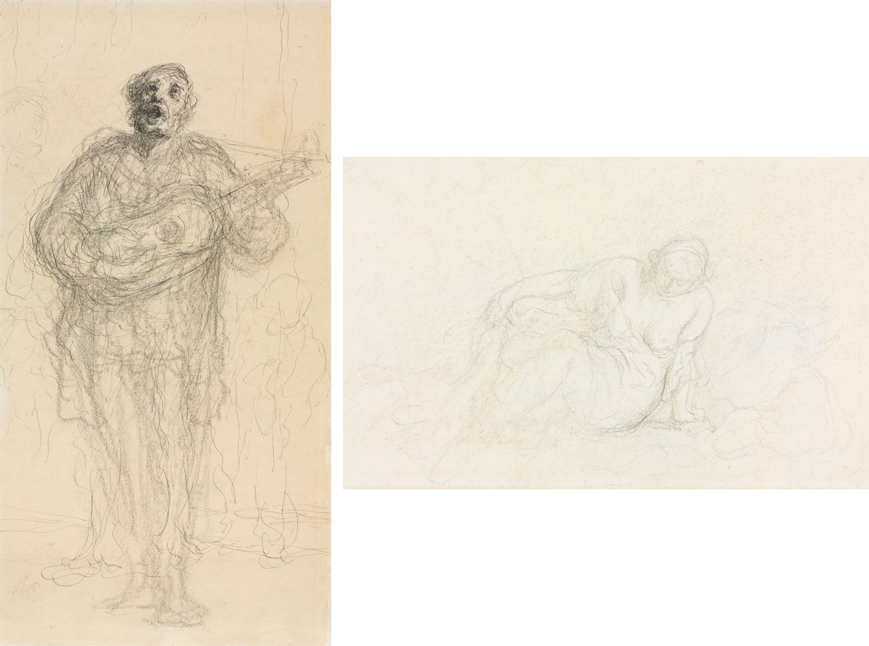 Éneklő gitáros (recto); Fekvő nő a karjára támaszkodva (verso) alkotó: Honoré Daumier