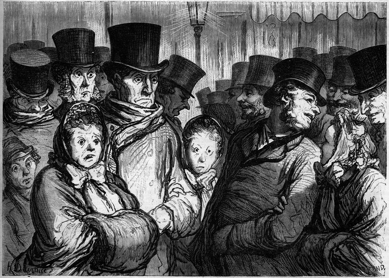 A Temple Boulevard éjfélkor. Balra, emberek jönnek ki a drámából. Igaz, az emberek elhagyják a funambulusokat. Honore Daumier (1808-1879) rajzfilmje. Metszet a „” Le Monde Illustré”” 254. számában, február 22 alkotó: Honoré Daumier
