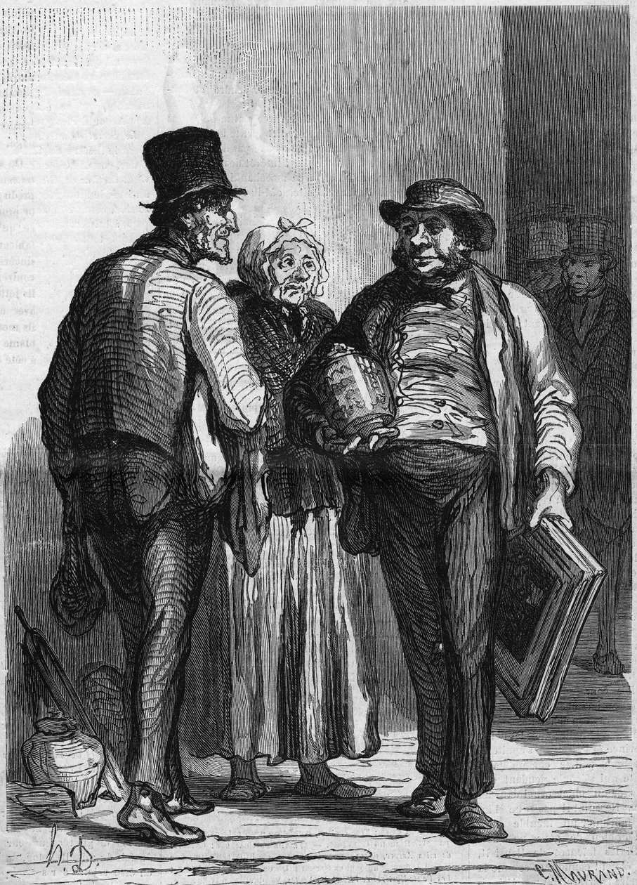 A Hotel des Commissaires Ariseurs: a kereskedők. Honore Daumier (1808-1879) rajzfilmje. Metszet a „” The Illustrated World”” 326. számában, január 11 alkotó: Honoré Daumier