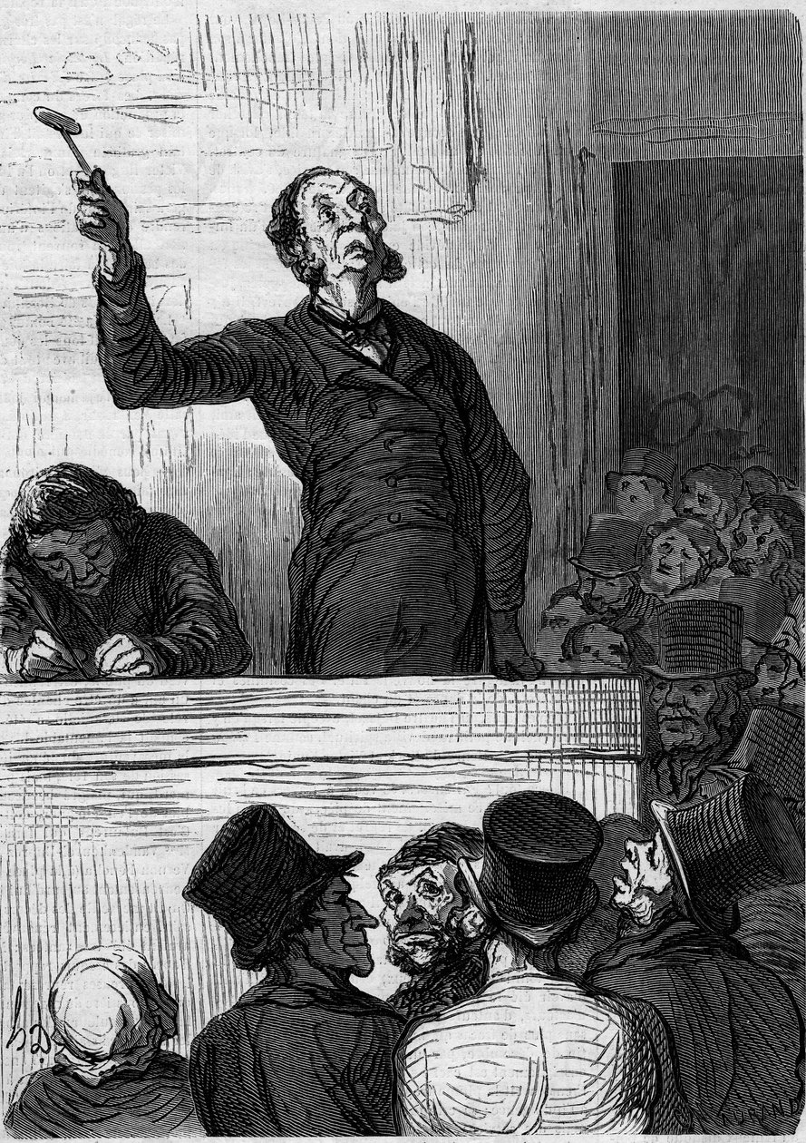 Az aukciós ház: az árverező (árverező). Honore Daumier (1808-1879) rajzfilmje. Metszet a „” Le Monde Illustré”” 300. számban, január 10 alkotó: Honoré Daumier