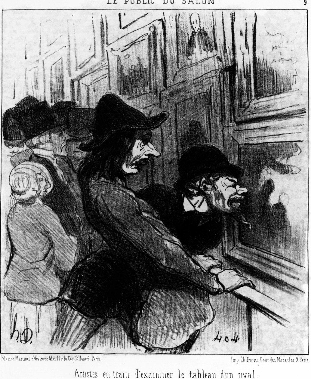 Az előadás közönsége. Egy rivális festményét vizsgáló művészek, Honore Daumier (1808-1879) „Festmények és szalonok” című rajzfilmsorozatából. "Macskazene" alkotó: Honoré Daumier