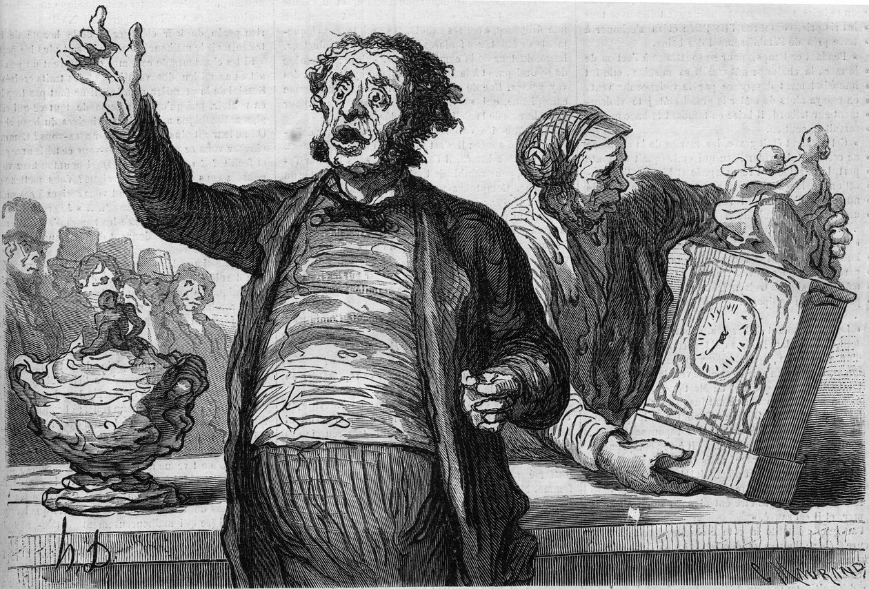 Az árverezők szállodája: a nyilvános kiáltó. Honore Daumier (1808-1879) rajzfilmje. Metszet a „” Le Monde Illustré”” 551. számban, január 2 alkotó: Honoré Daumier