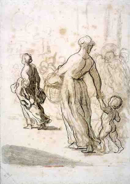 Két nő és egy gyermek, 1848-50 körül (kréta, szén és gouache, antik rézkarc papírra) alkotó: Honoré Daumier