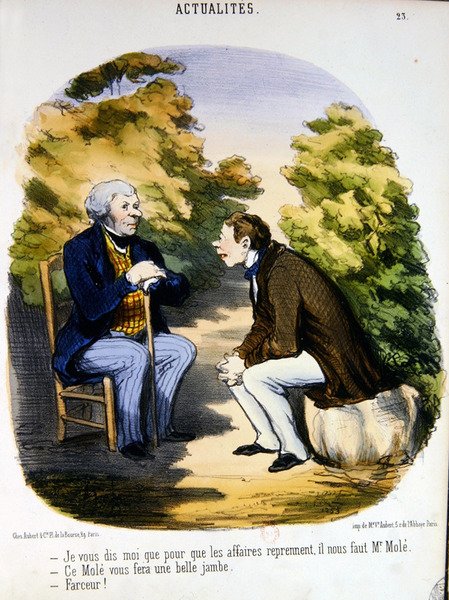 Két férfi a politikáról és a Comte de Mole hasznosságáról beszélget (színes litó) alkotó: Honoré Daumier
