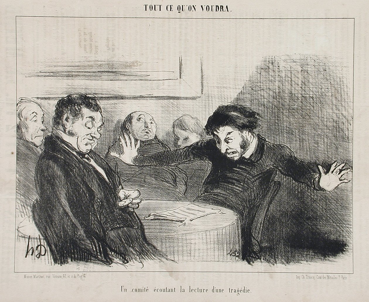 Egy bizottság tragédia felolvasását hallgatja alkotó: Honoré Daumier