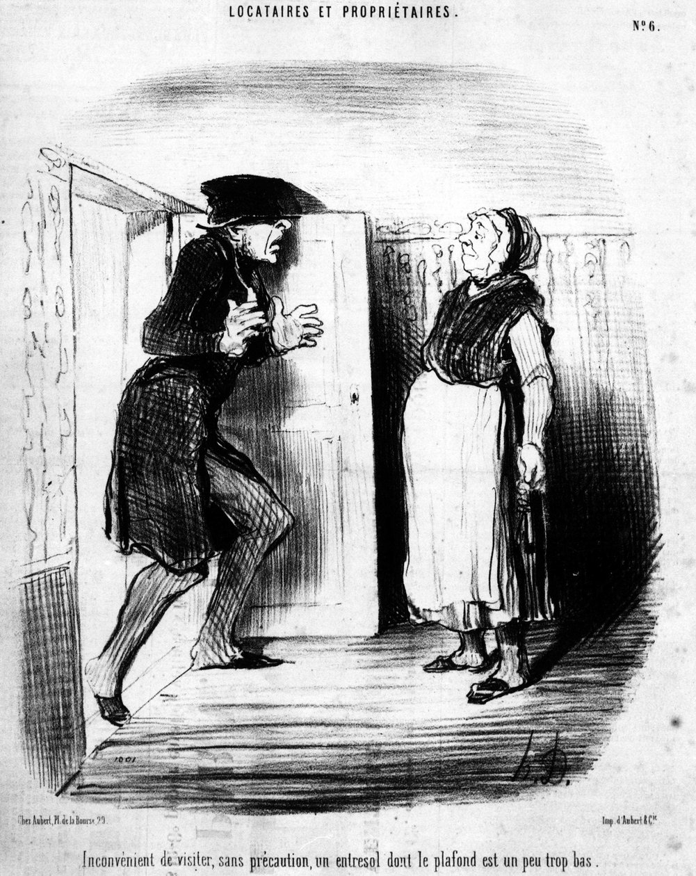 Vigyázzon, óvat nélkül, egy entesol, akinek a mennyezete kissé túl alacsony, a „Bérlők ET tulajdonosok” című filmből származik, a Daumier Honore (1808-1879) rajzfilm sorozata. "Macskazene" alkotó: Honoré Daumier