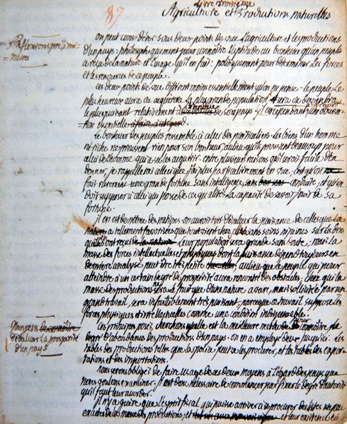 Oldal Mirabeau „De la Monarchie Prussienne” című értekezéséből a porosz monarchia mezőgazdasági, gazdasági és katonai szervezetéről (tintával papíron) alkotó: Honore Gabriel de comte de Mirabeau Riqueti