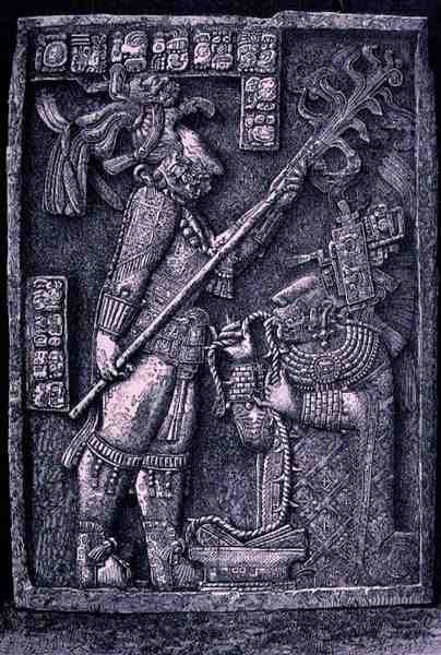 Faragott kő szemöldök a 23-as templomból, Yaxchilan, i.sz. 726, amelyen Shield Jaguar uralkodó és felesége, Lady Xoc látható, amint vérontó szertartást végeznek az Újvilág ősi városaiból, Claude-Jos alkotó: Honore after Chapuis