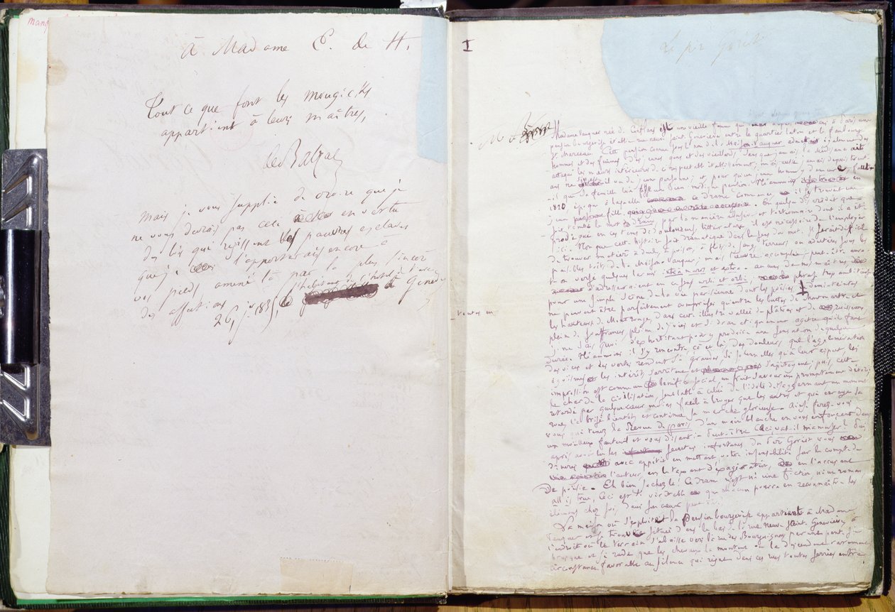 A "Le Pere Goriot" első oldala és dedikáció Madame Hanskának (toll és tinta, papír) alkotó: Honore de Balzac