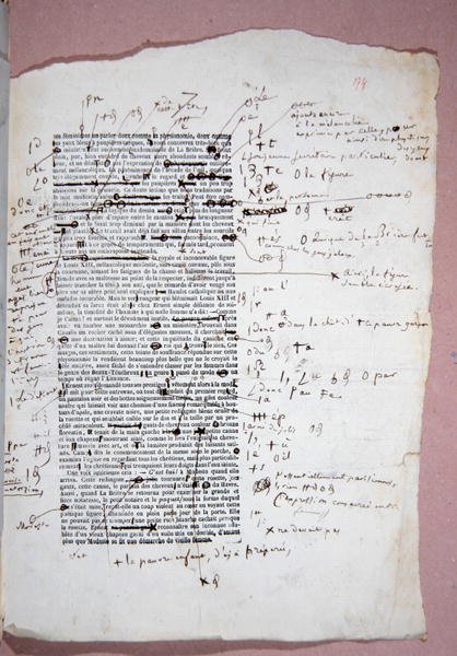A „Modeste Mignon” 174. oldalának próbanyomata a szerző megjegyzéseivel és javításaival (toll és tinta papíron) alkotó: Honore de Balzac