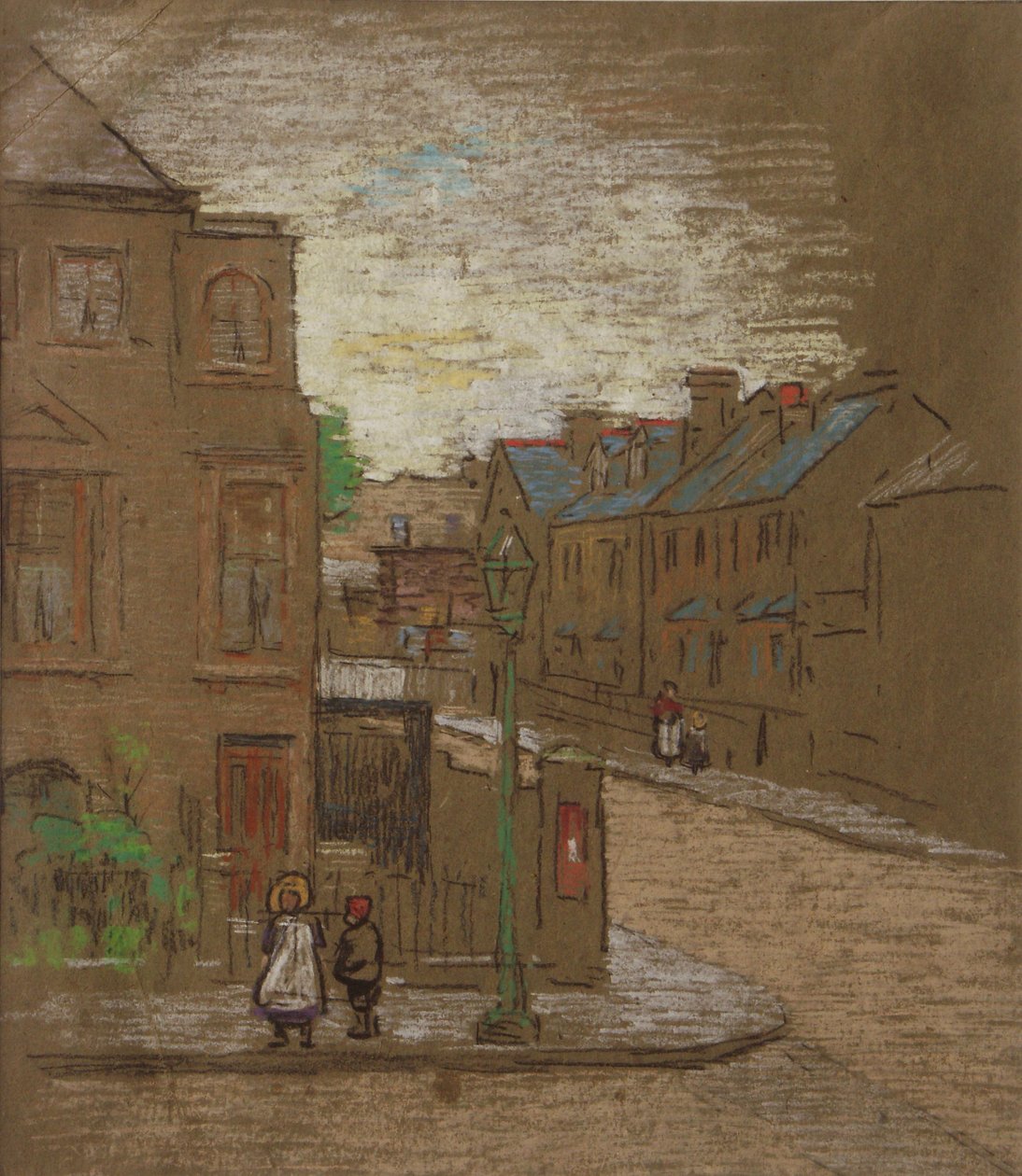 Gyerekek várakoznak az utca sarkán, 1900 körül (színes kréta barna papíron) alkotó: Horace Mann Livens