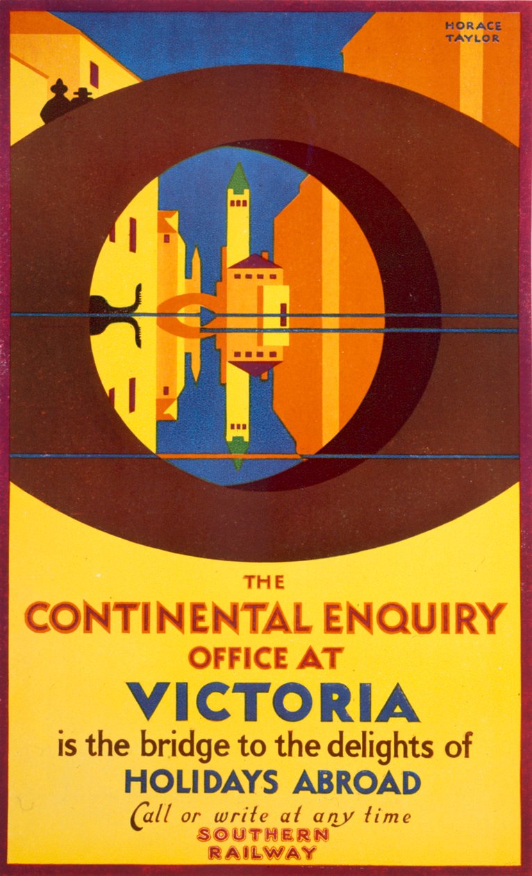 A Continental Enquiry Office Victoria-ban, a Southern Rail-t hirdető plakát alkotó: Horace Taylor