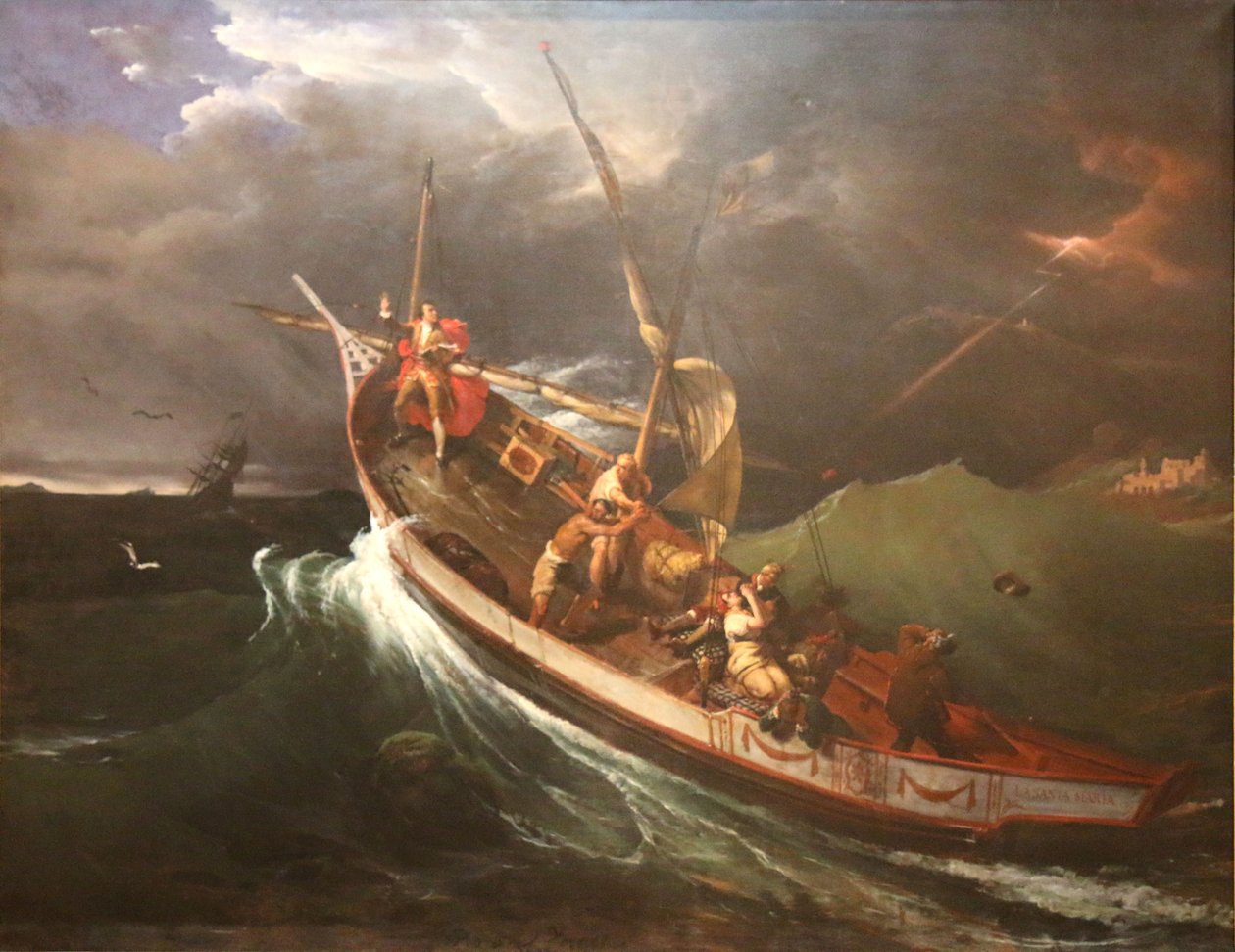 Joseph Vernet egy árbocra erősítve tanulmányozza a vihar hatásait alkotó: Emile Jean Horace Vernet