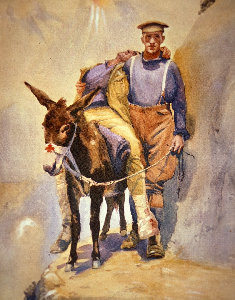 John Simpson Kirkpatrick, a 3. ausztráliai mentőautó munkatársa, aki szamarával sebesült katonákat mentett meg Gallipoliban 1915-ben alkotó: Horace Moore Jones