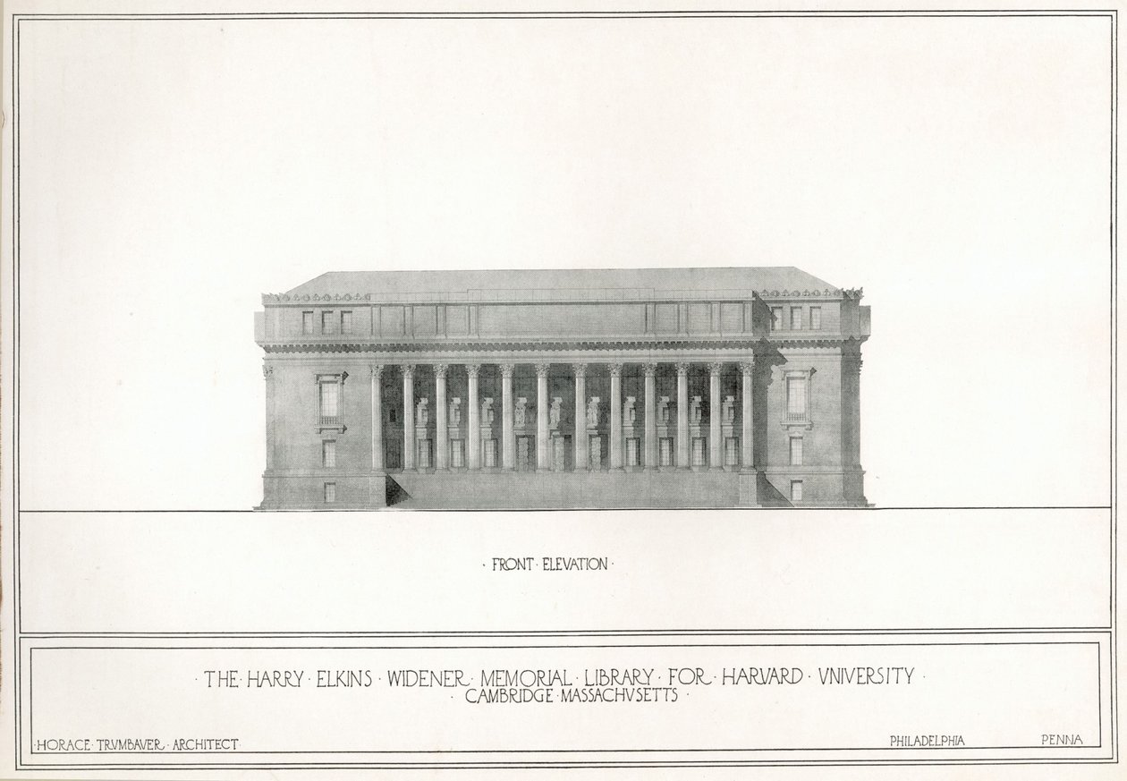 Elölnézet, a Harry Elkins Widener Memorial Library for Harvard University, Cambridge, Massachusetts (litho) alkotó: Horace Trumbauer