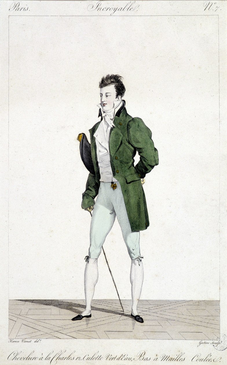 Csodálatos Párizs. Az embernek XII. Károly haja van, vízzöld bugyit és hálós harisnyát visel. Horace Vernet (1789-1863) 1810 körül készült férfidivat illusztrációja. alkotó: Emile Jean Horace Vernet