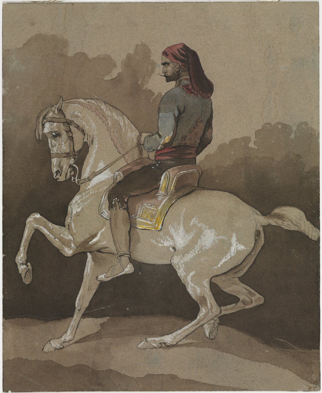 Arab lóháton, 1800 körül (toll, tus, akvarell és gouache) alkotó: Horace Vernet