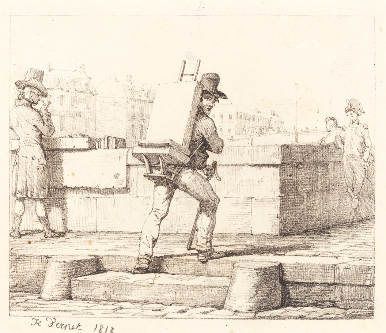 Művész festőállványt hordozó kőnyomatos kővel alkotó: Emile Jean Horace Vernet