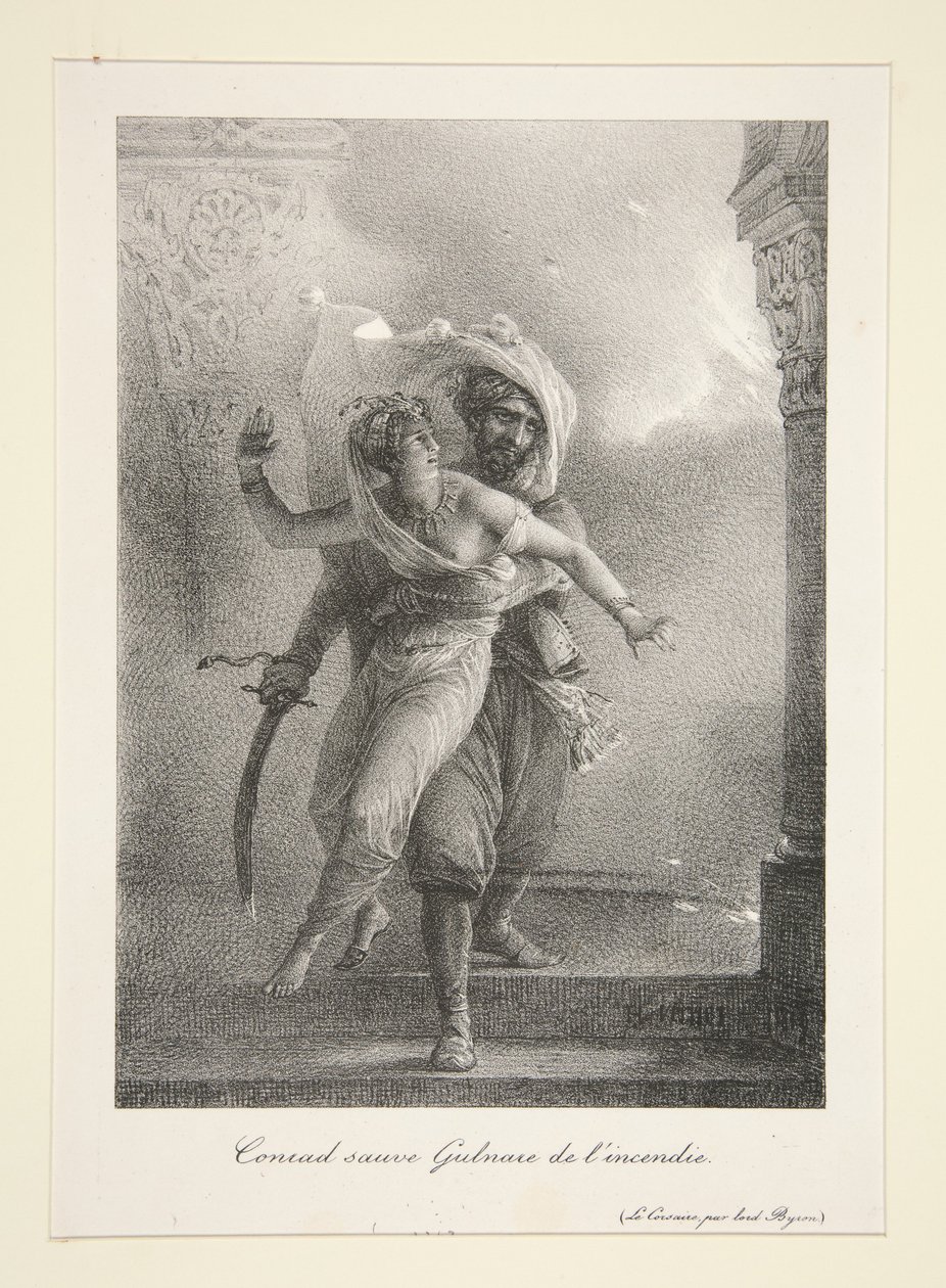 Conrad kimenti Gulnare-t a tűzből (Byron A kalóz című műve) alkotó: Horace Vernet