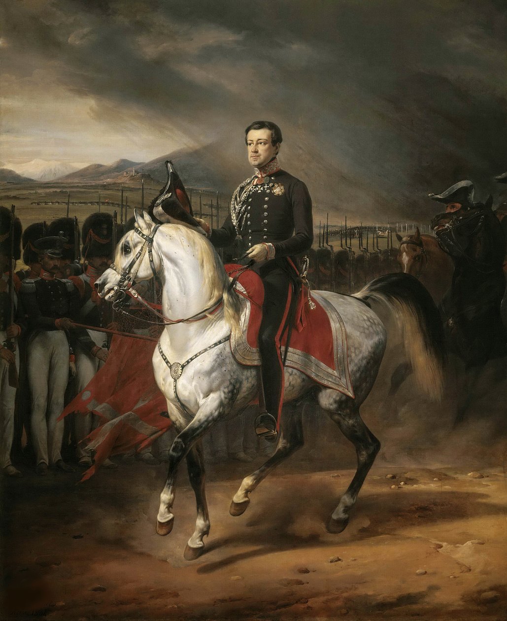 Károly Albert 1798-1849, Szardínia királyának lovas portréja, 1834. alkotó: Emile Jean Horace Vernet