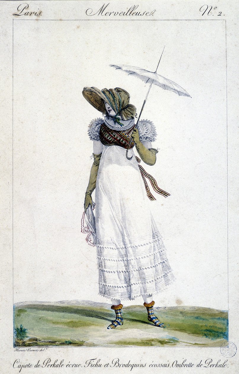Horace Vernet (1789 - 1863) divatmetszete 1810 körül készült az „A Wonderful”-hoz, amely egy nőt ábrázol, aki ekrúd baldachint, véres, tartán hímzést és esernyőt visel. alkotó: Emile Jean Horace Vernet