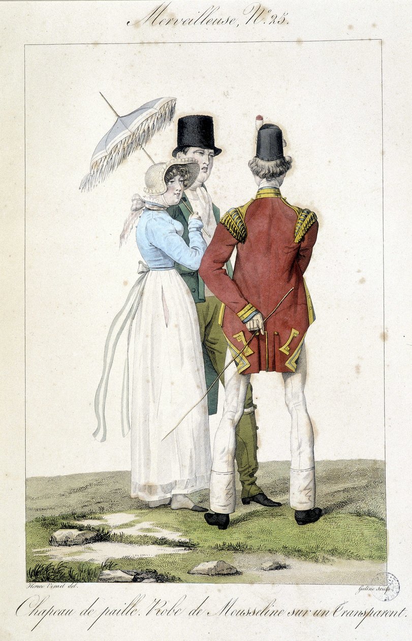 Horace vernet (1789 - 1863) divatmetszete 1810 körül készült egy „Marvelous” 25-ös számára, amely a nőies divatot (szalmakalap és sifonruha) és a férfiasságot képviseli. alkotó: Emile Jean Horace Vernet