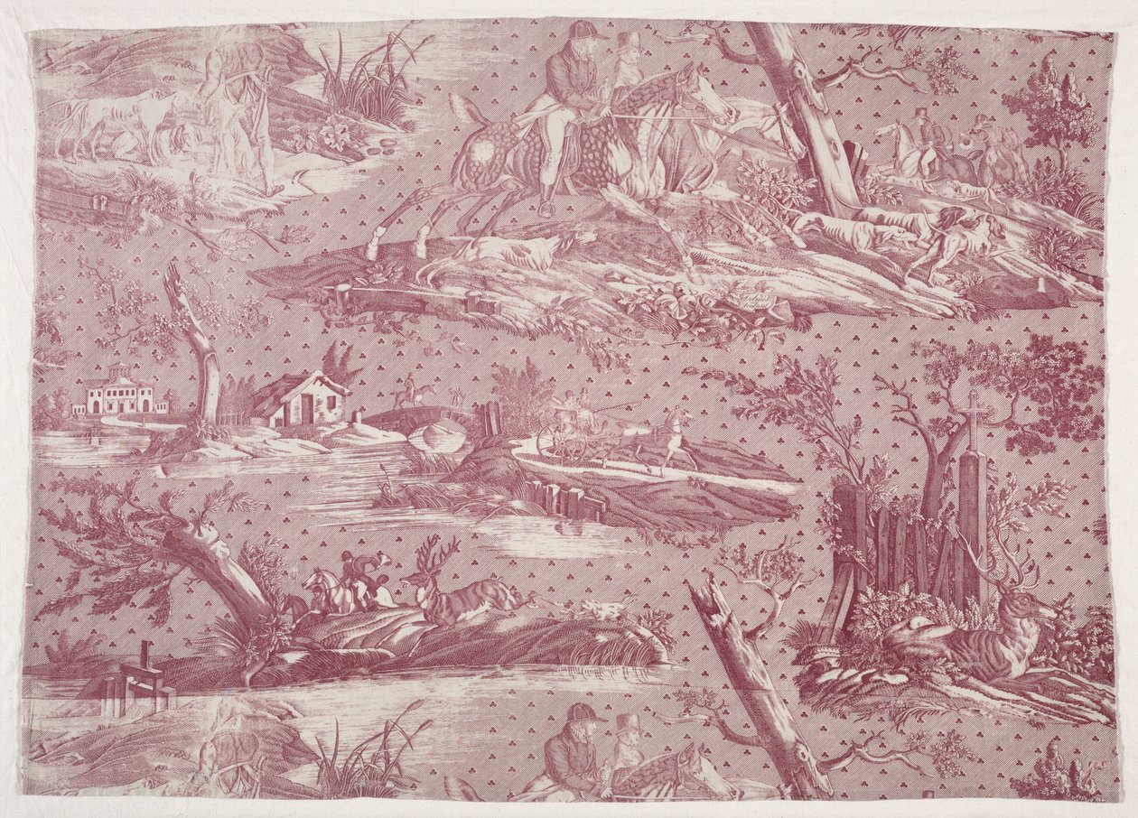 Rézlemezre nyomtatott pamut töredéke vadászjelenet-rajzzal, c. 1815. alkotó: Emile Jean Horace Vernet