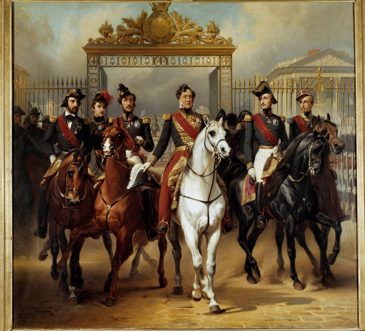 I. Lajos Fülöp király (Louis Philippe) körülveszi öt fiát, akik a versailles-i kastély becsületrácsánál jönnek ki, miután átment a katonai felülvizsgálaton 1837.10.06. Horace Vernet (1789-1863) festménye 1846 V. 3,6x3,9 m. - Lajos francia király alkotó: Emile Jean Horace Vernet