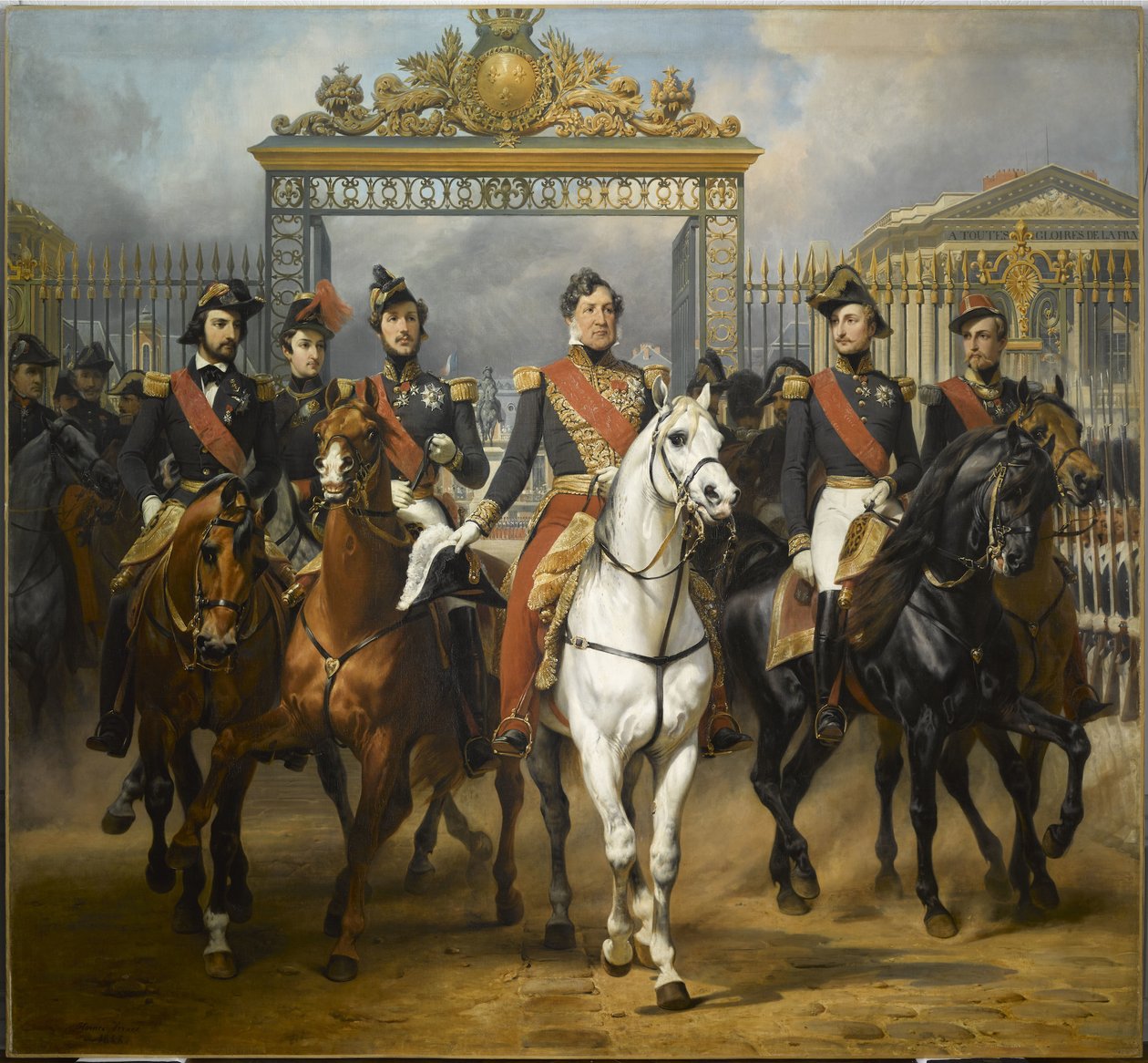 Lajos Fülöp király öt fiával körülvéve kilép a versailles-i kastély főkapuján az udvarokon tartott katonai szemle után, 1837. június 10-én. alkotó: Horace Vernet