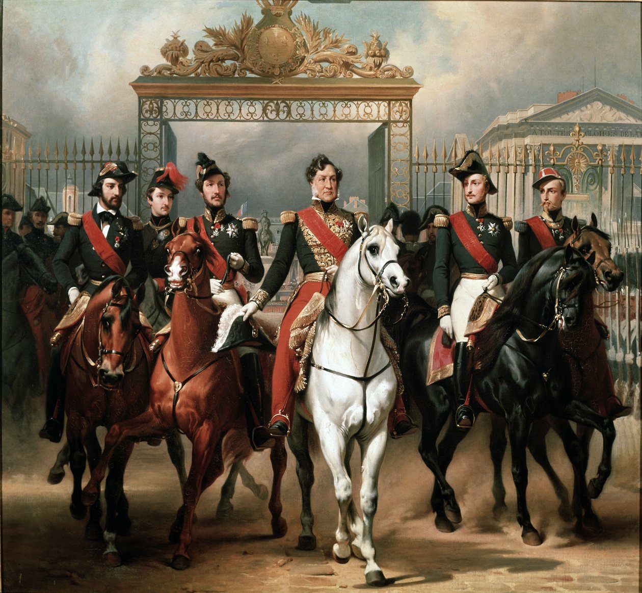 Lajos Fülöp királyt öt fia veszi körül, akik a Versailles-i palota főkapuján távoztak, miután katonai szemlét tartottak az udvarokon alkotó: Emile Jean Horace Vernet